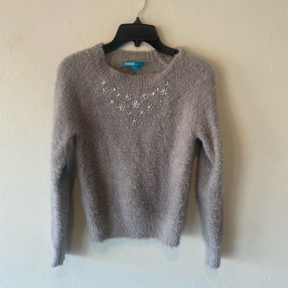 Nanette Lepore gray fuzzy rhinestone embellished sweater
